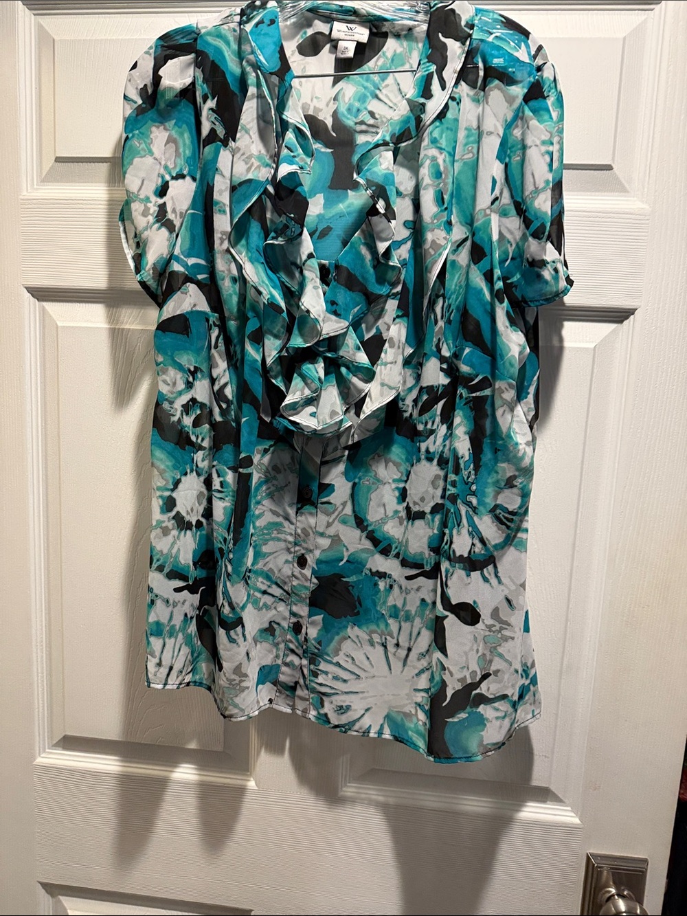 Worthington Teal, Black & White Ruffled Button-Front Blouse